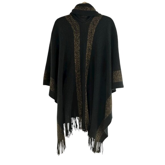 Black Gold Metallic Soft Knit Wrap Shawl Sweater Cape Poncho Scarf Fringe Winter - Picture 4 of 6